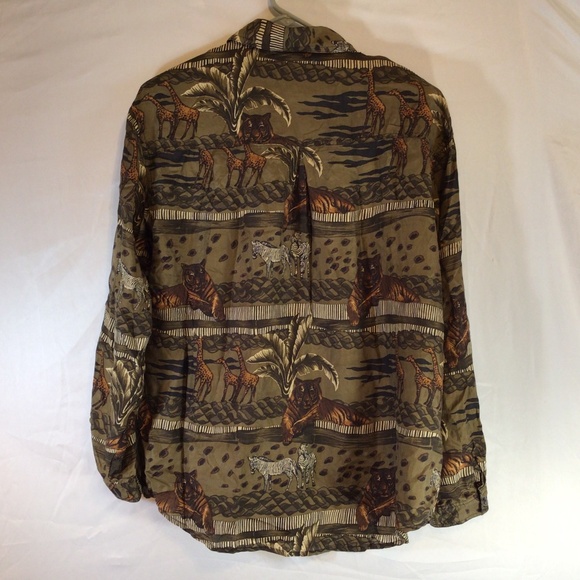 metro exspress womens button up shirt brown size Medium silk animal print safari - Picture 2 of 11
